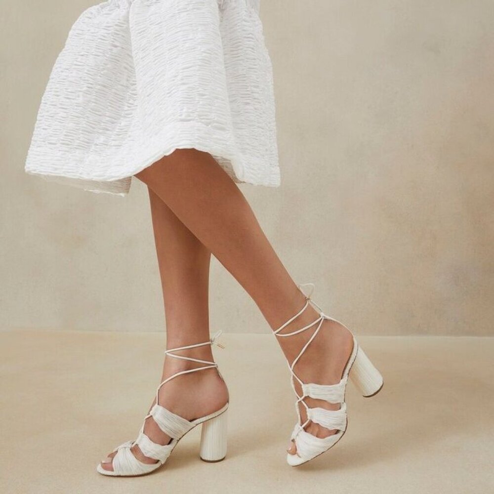 LOEFFLER RANDALL Teresa SANDALS Heels 11.5 Pleated Lace Up Pearl White NEW $395